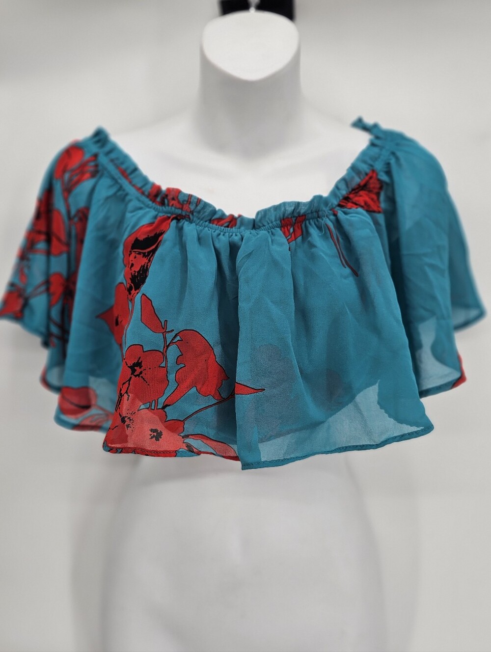 Luxxel Teal Off-Shoulder Crop Top with Red Floral Print L NWT